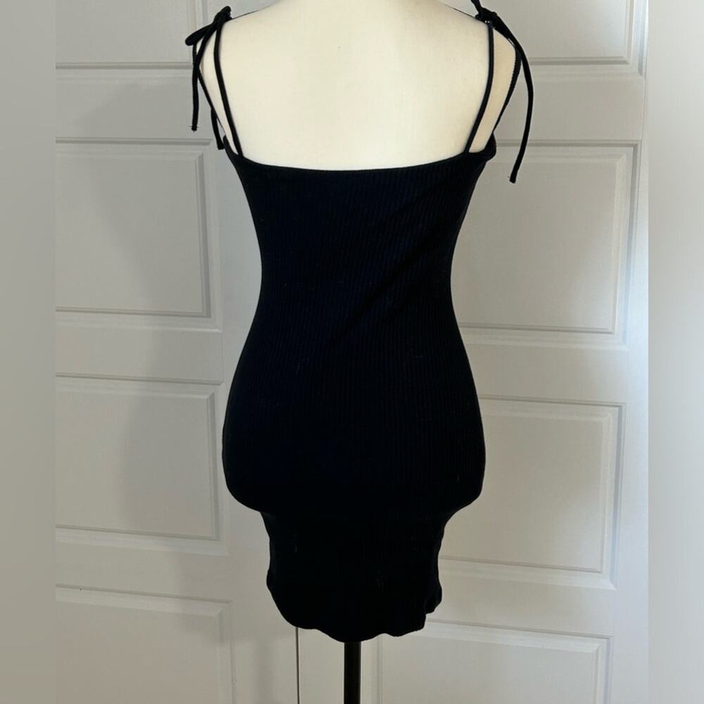 Princess Polly black ribbed mini dress bow tie strap slit size US 4 - Picture 3 of 9
